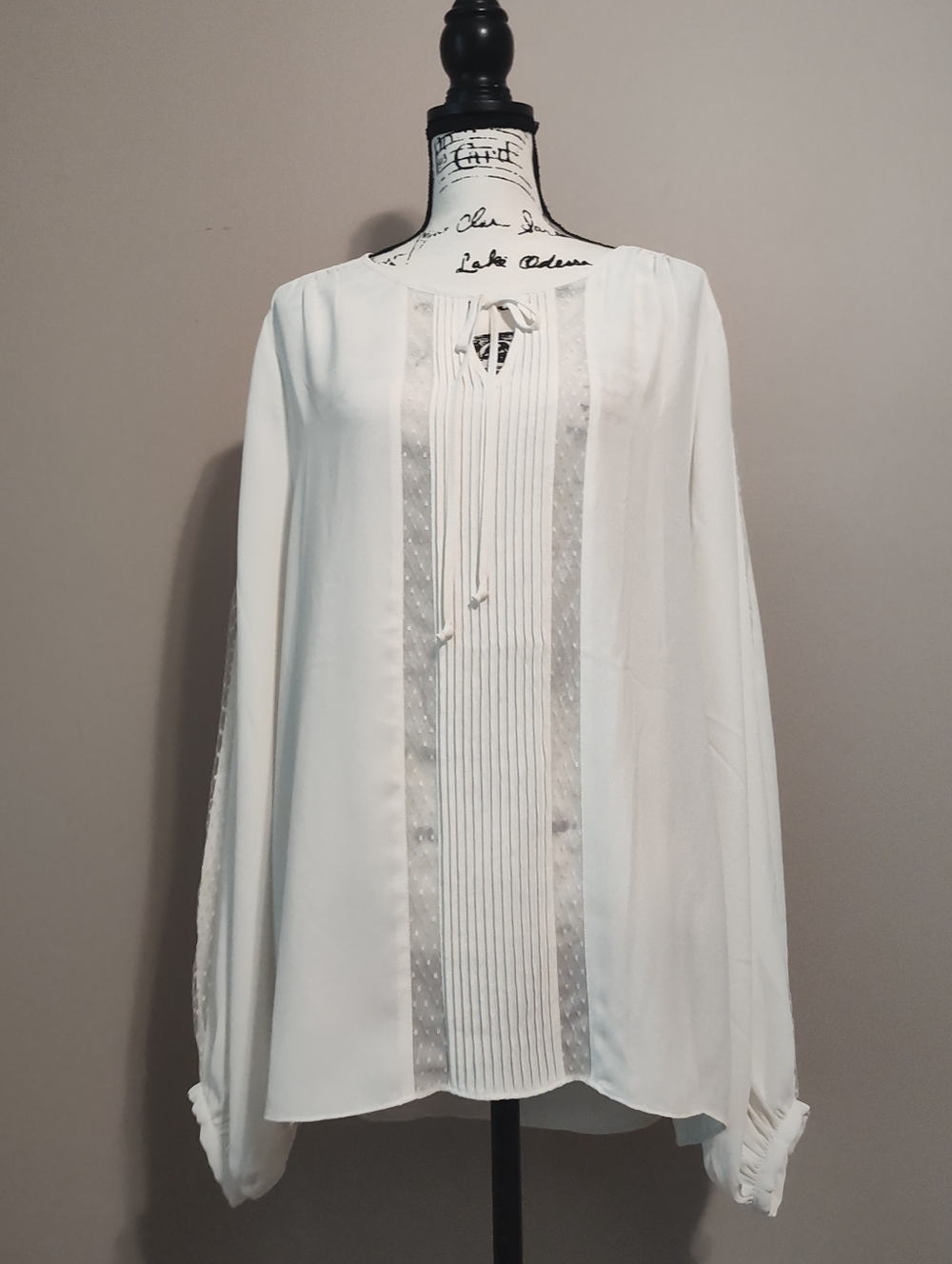 White House Black Market  Pintuck Tie-Front Blouse with Sheer Lace Insets